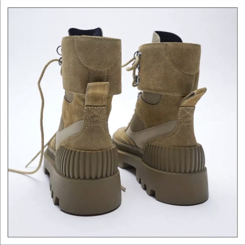 ZARA Laced Split Leather Low Heel Ankle Boots in Khaki Size 8 NWT - Picture 4 of 7